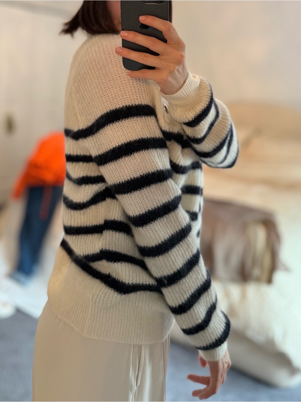 Sezane Cream Crewneck Sweater with Black Stripes
